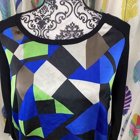Alfani blue/green geometric mixed media 3/4 sleeve sweater. size medium - Picture 4 of 10
